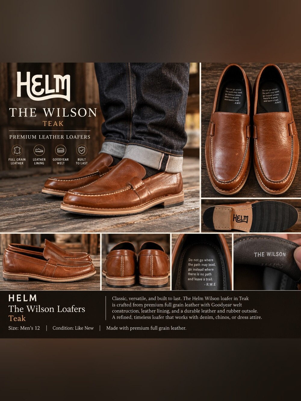 HELM The Wilson Teak Leather Loafers Men’s 11EE – Like New